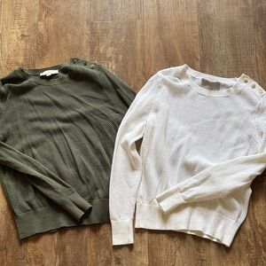LOFT Button-Accent Sweater Duo - Olive and Ivory